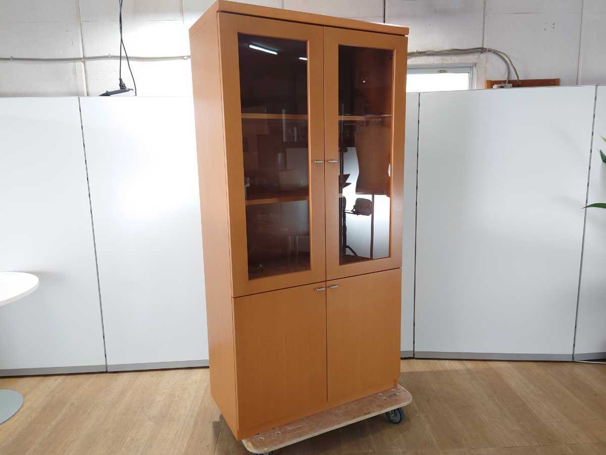中古|木製 両開き ガラス 書庫 ライトブラウン オフィス W900 D450 H1800