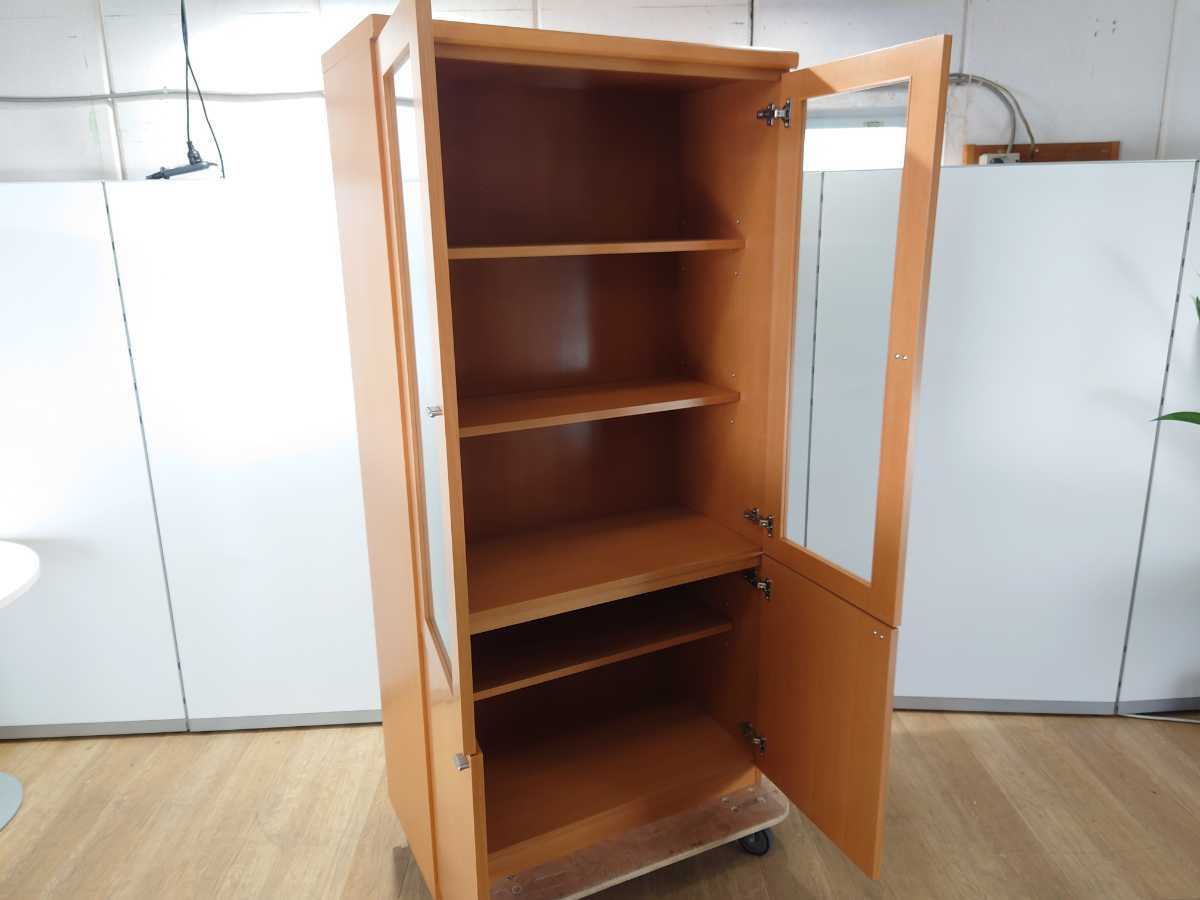 中古|木製 両開き ガラス 書庫 ライトブラウン オフィス W900 D450 H1800